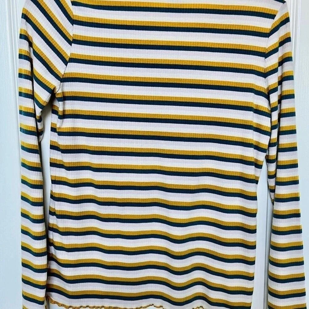 Girls XL 14/16 Long Sleeve Striped Ribbed Top Mustard Navy White V-Neck